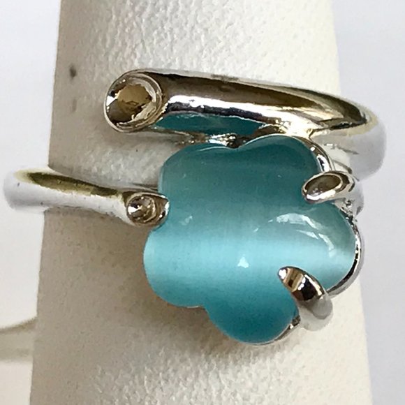 Vintage Aqua Blue Cats Eye Stone Flower Ring Size 7 Wrap Retro Silver Plated - Picture 3 of 11